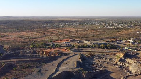 Wide aerial panorama over mines in Broken hill silver city of Australia as 4k.
