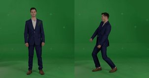 GREEN SCREEN CHROMA KEY Caucasian businessman wearing formal attire performing crazy dance moves