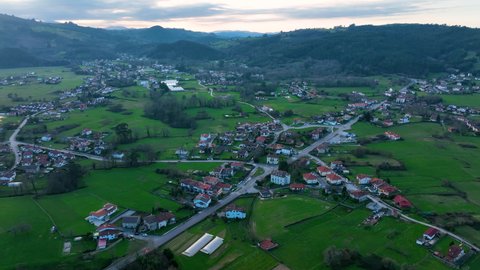 Panoramic view of the Liendo Valley from a drone. Liendo, Liendo Valley, Eastern Coastal Mountain, Cantabrian Sea, Cantabria, Spain, Europe