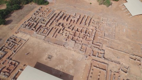 Aerial view. Archaeological site of the ancient Minoan civilization. The ruins of the Minoan palace are not far from the city of Malia on the island of Crete.