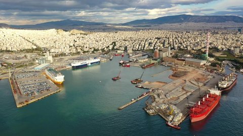 Aerial drone video of international car terminal and Ro Ro boat terminal in Keratsini area, Attica, Greece