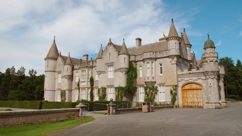 CRATHIE, SCOTLAND, circa 2021 - Cinematic view of Balmoral Castle, a large residence in Royal Deeside, Scotland, UK, developed by Queen Victoria in 1856
