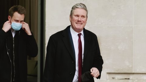 LONDON, circa 2022 - Keir Starmer, leader of the UK Labour Party and the Opposition, is seen outside the Broadcasting House of the BBC Studios in London
