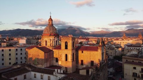 Sunrise over the city of Palermo. Panoramic view over Palermo in 2K. HD Cathedra. Drone footage on Chiesa del Carmine Maggiore.