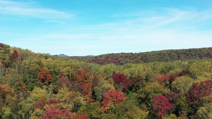 Aerial view of the Spruce Knob-Seneca Creek Backcountry’s autumn tree foliage in the Monongahela National Forest in West Virginia. The camera flies forward and up to reveal a valley.