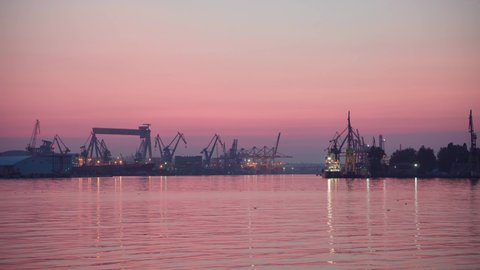Gdynia, Poland - circa August 2019: Night work in the ports of Gdynia - loading, unloading, repair.
