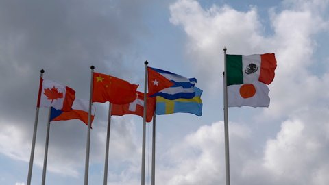 Various national flags with the EU flag under a blue sky