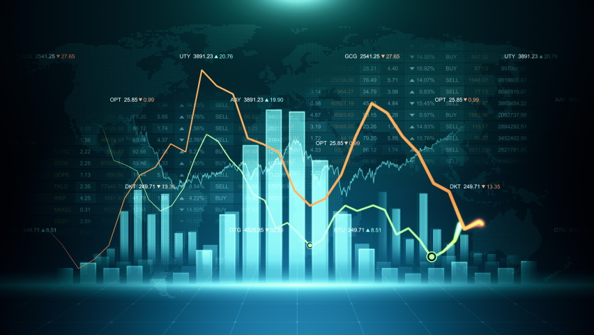 Stock market abstract finance background with motion graph, chart bars and financial information. Global business analyzing concept with trade statistics. Seamless loop.