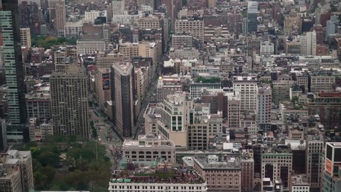 NEW YORK, USA - OCTOBER, 24, 2021: Aerial view of midtown Manhattan in New York USA. Flatiron building historical architecture. City view.