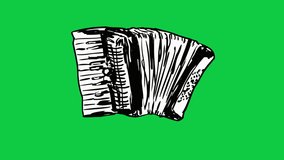 Hand Drawn Accordion on Green Screen Background. Cartoon Drawing of Accordion Musical Instrument Icon Animation. 4K Ultra HD Loop Video Motion Graphic.