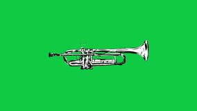 Hand Drawn Trumpet on Green Screen Background. Cartoon Drawing of Trumpet Musical Instrument Icon Animation. 4K Ultra HD Loop Video Motion Graphic.