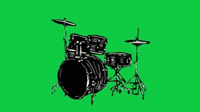 Hand Drawn Drums on Green Screen Background. Cartoon Drawing of Drums Musical Instrument Icon Animation. 4K Ultra HD Loop Video Motion Graphic.