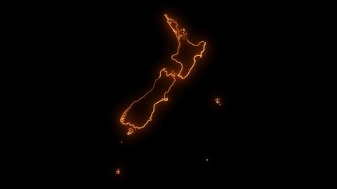 New zealand map with all states or provinces glowing neon outline in and out animation.