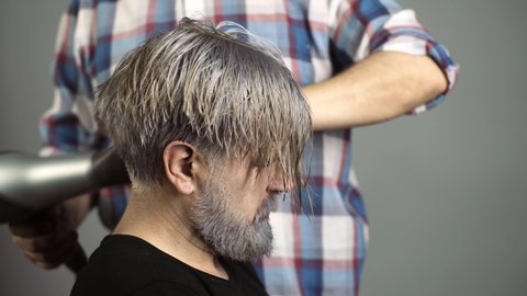 Making of a dyed hair for a bearded hipster guy. Beard coloring man agains grey hair. Hairdresser with hair dryer does hair of handsome bearded man client in hairdressing salon, barbershop.