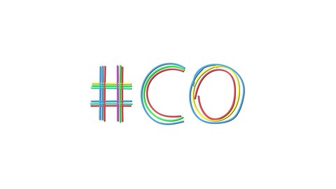 Hashtag # CO. Animated text from color curved lines like from a felt-tip pen, pensil. Isolated on white background. #CO is abbreviation for the US American state Colorado for social network, app