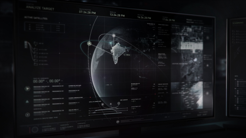 Innovative Planet Scanning Data Network Activates Satellites Over India. Planet Scanning Software Finds Target Location In Mumbai. Scanning Planet Earth With Space Satellites. UI