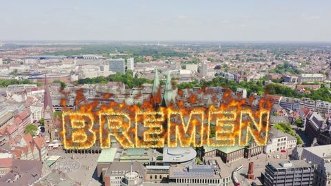Inscription on video. Bremen, Germany. The historic part of Bremen, the old town. Bremen Cathedral ( St. Petri Dom Bremen ). View in flight. Name is burning, Aerial View, Point of interest