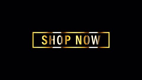 4K 3D SHOP NOW with frame golden word title. 3D Illustration of isolated word isolated with golden light loop. Shop Now gold text looping effect element conce