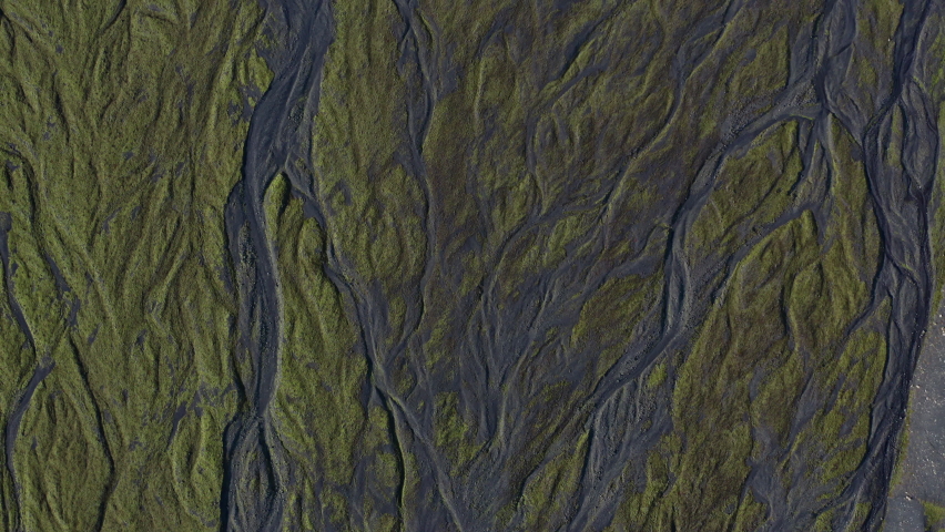 Overhead Drone Flight Over Landscape With Dry Riverbed Of Braided River, Iceland