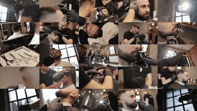 Multiple Screen Montage of Hairdresser making hairstyle with electrical trimmer in male salon. Stylist with trimmer and hairbrush. Barber shaves customer beard with straight razor. - Powered by Shutterstock - Get 15% off with code: PIKWIZARD15