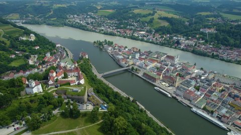 Aerial of the city Passau in Germany. Bavaria on a sunny afternoon in spring.