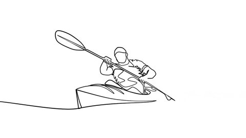 One line animation of kayaker doing extreme rafting on rough river waters, single line canoe.