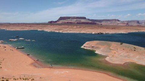 Famous Lake Powell Surrounded WIth Desert And Colorful Rocky Canyons In Arizona, USA. aerial