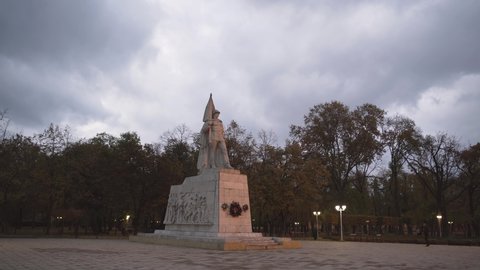 Timisoara , Timis County , Romania - 11 02 2021: Monument to the Unknown Soldier in central park of Timisoara, Romania