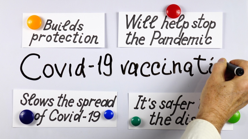 Lecturer giving a presentation about benefits of COVID-19 vaccination using  a white magnetic board. Using of a visual aids.  - Powered by Shutterstock - Get 15% off with code: PIKWIZARD15
