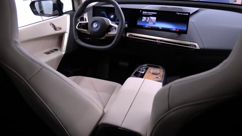 Minsk, Belarus - January 10, 2022: View on a interior of electric vehicle BMW iX.