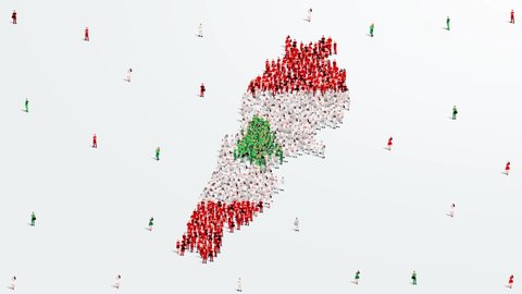 Lebanon Map and Flag. A large group of people in the Lebanon flag color form to create the map. 4K Animation Video.