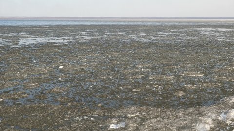 Ice drift on the big lake. Melting ice slush. Lake Nero, Rostov, Russia