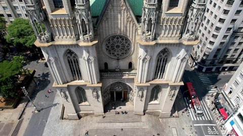 Metropolitan Cathedral of Sao Paulo Brazil. Panorama aerial landscape of church Sao Paulo Shrine at center of downtown Sao Paulo Brazil at famous Sé Square. Medieval building of religious scenery.