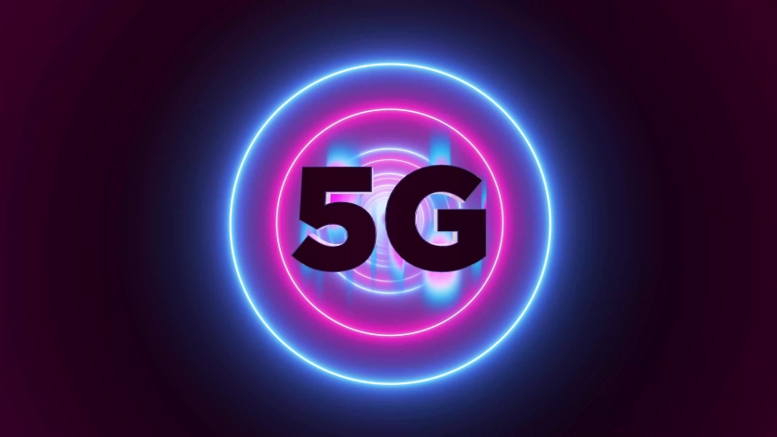 simbol 5G with Abstract background, circle shaped neon lights loop animation. 3d render