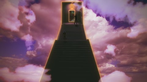 Cloudy Sky Stairway To Deep Space People Standing at Door. Man and woman standing on a stairway in cloudy sky towards a door to deep space