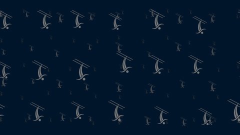 Freestyle skiing symbols float horizontally from left to right. Parallax fly effect. Floating symbols are located randomly. Seamless looped 4k animation on dark blue background