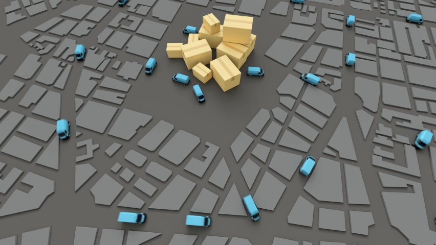 3D animation a white city map with trucks circulating and a pile of cartons 
 Royalty-Free Stock Footage #1085894009