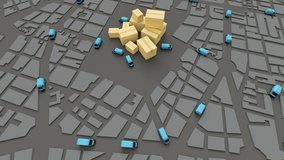 3D animation a white city map with trucks circulating and a pile of cartons 
