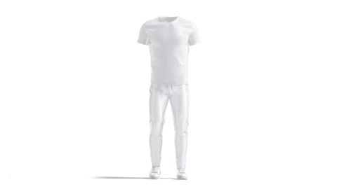 Blank white sport uniform mockup, looped rotation, 3d rendering. Empty tracksuit with t-shirt and pants mock up, isolated on white background. Clear cycled coach jersey outwear template.