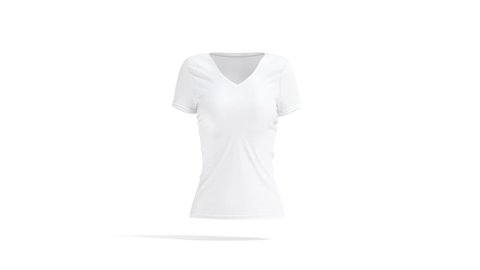 Blank white women slimfit t-shirt mockup, looped rotation, 3d rendering. Empty jersey sport tshirt for female fitness uniform mock up, isolated on white background. Cycled training clothing template.