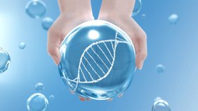 Female hands cupped together holding clean water drop and revolving DNA Helix on blue bubble background. 3D animation loop concept for healthcare, sanitizer hygiene, covid-19 vaccine, and beauty care. - Powered by Shutterstock - Get 15% off with code: PIKWIZARD15