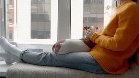 Woman and dog chilling sitting on windowsill watching snow fall in warm cozy atmosphere Cozy winter home weekend meditation slow time with pet Jack Russell terrier. Orange woolen jumper. Video footage