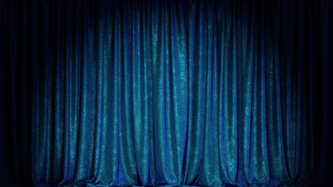 Realistic 3D animation of the luxurious and fancy blue textured velvet show stage curtain rendered in UHD with alpha matte