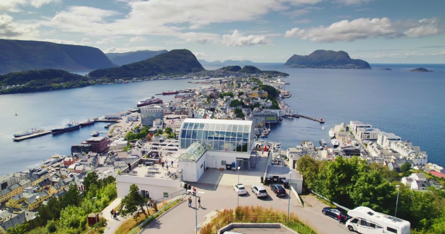 Bird's eye view of Alesund port town on the west coast of Norway, at the entrance to the Geirangerfjord. Colorful daytime scene of the Nord. Traveling concept background. Royalty-Free Stock Footage #1085899847