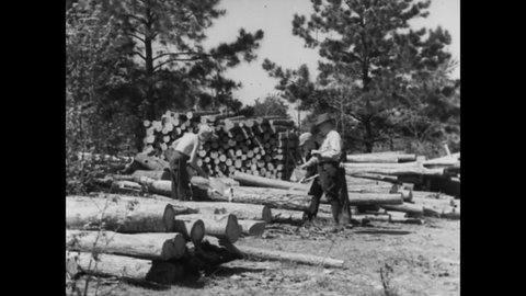 CIRCA 1937 - Men of the Civilian Conservation Corps prepare timber and wave from their cabin grounds outside Alabama's Shiawassee State Park.