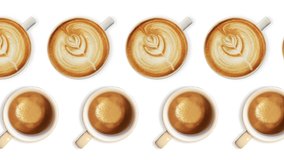 two lines with many cups of cappuccino and americano animated in different direction on the white color background. Coffee for breakfast or coffee shop concept