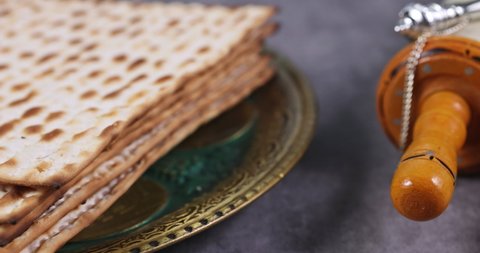 Pesah celebration Jewish traditional holiday with torah scroll and kosher matzah on passover day