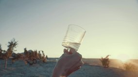 Sommelier waving young white wine in a glass. Close up video of wine mixing process inside goblet. Degustation of fine white wine on the vineyards at sunset