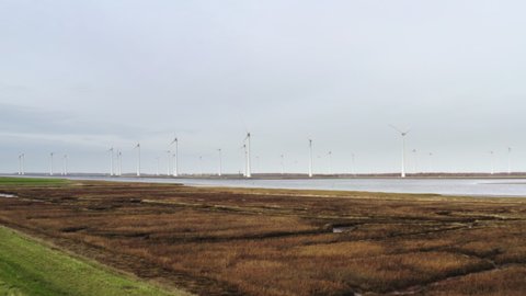 Windfarm near tidal area and dyke protecting adjacent polder from sea