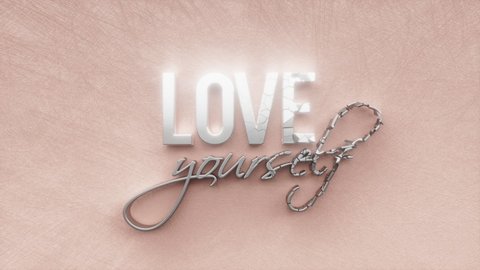 Love yourself text inscription, love symbol and positive motivation concept, motivational and inspirational slogan animated lettering, 3d render of festive greeting card motion background.
